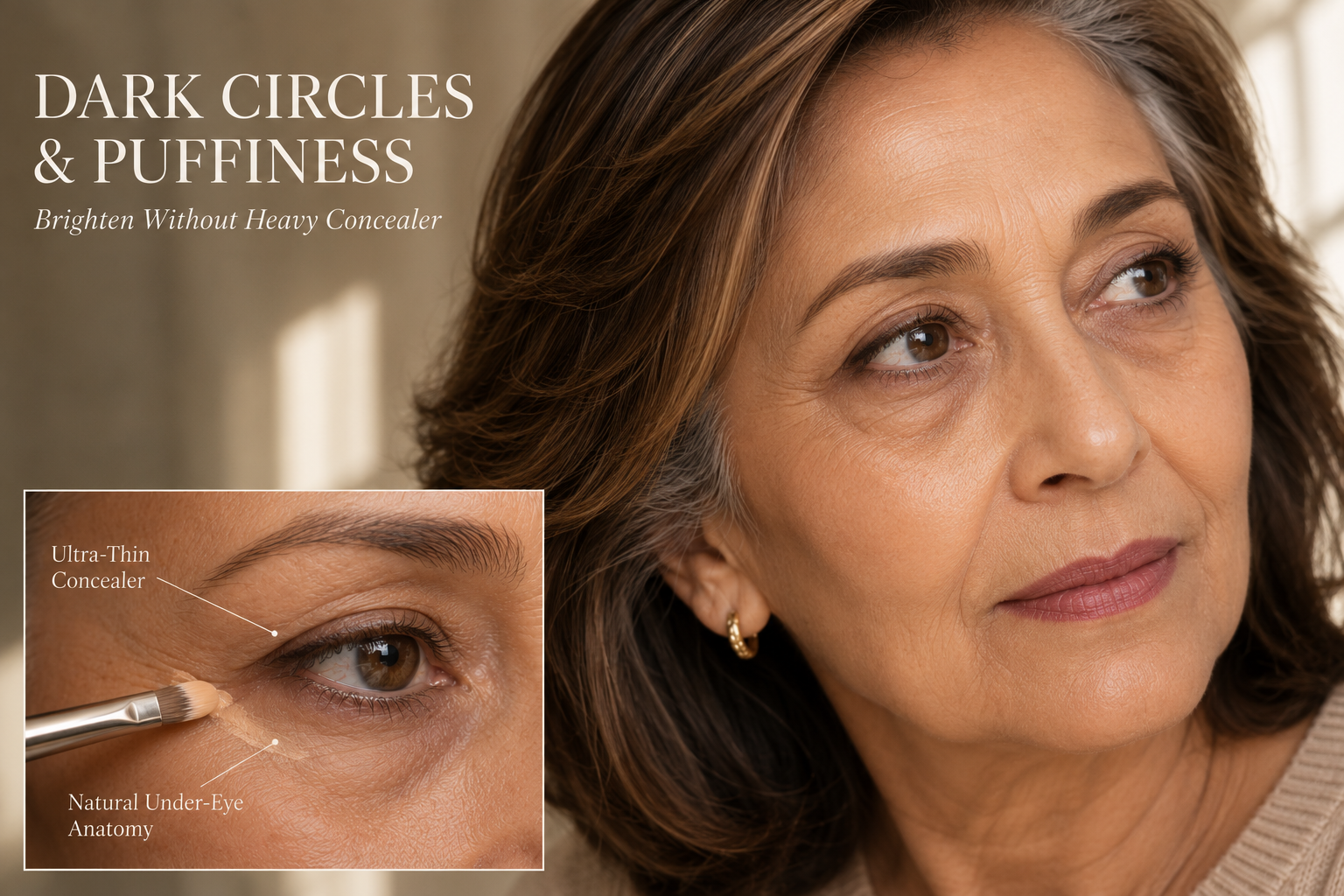 Luxury beauty tutorial for dark circles and puffiness featuring a mature brunette woman with authentic under-eye anatomy and a close-up inset showing lightweight concealer application.