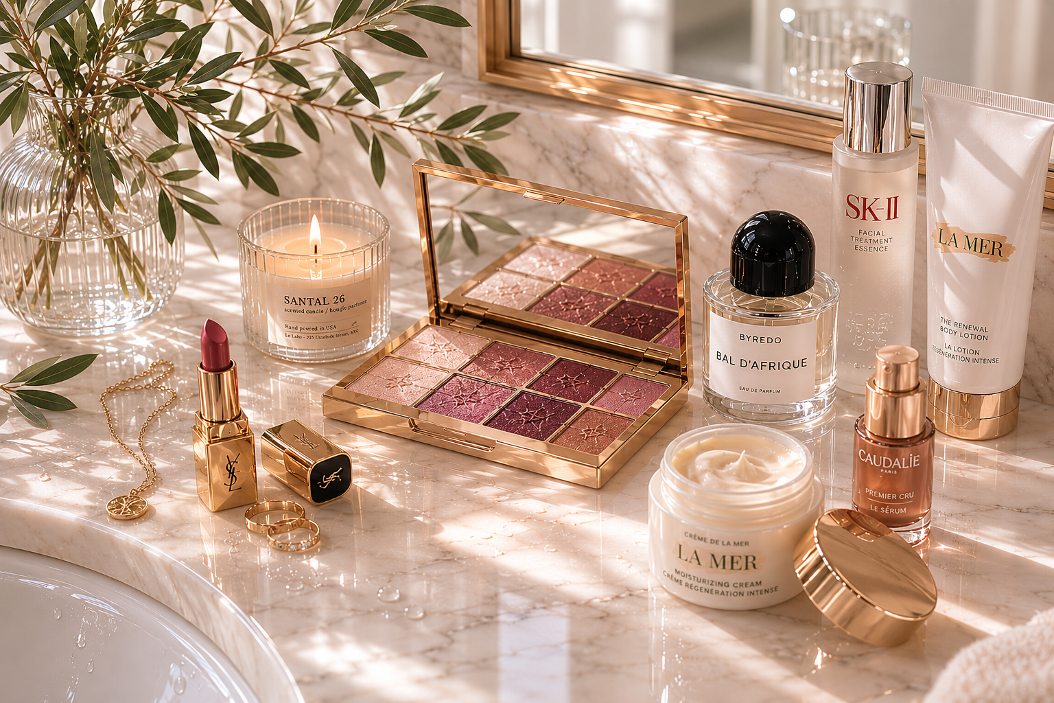 Luxury marble hotel bathroom vanity with luminous skincare and makeup products, olive greenery, warm natural light, and softly lived-in editorial styling with elegant European beauty atmosphere.