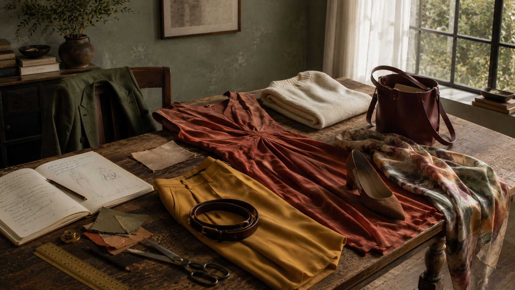 Editorial fashion studio with thoughtfully arranged garments, fabrics, accessories, and styling tools illustrating how color, texture, proportion, and silhouette work together to create timeless personal style.