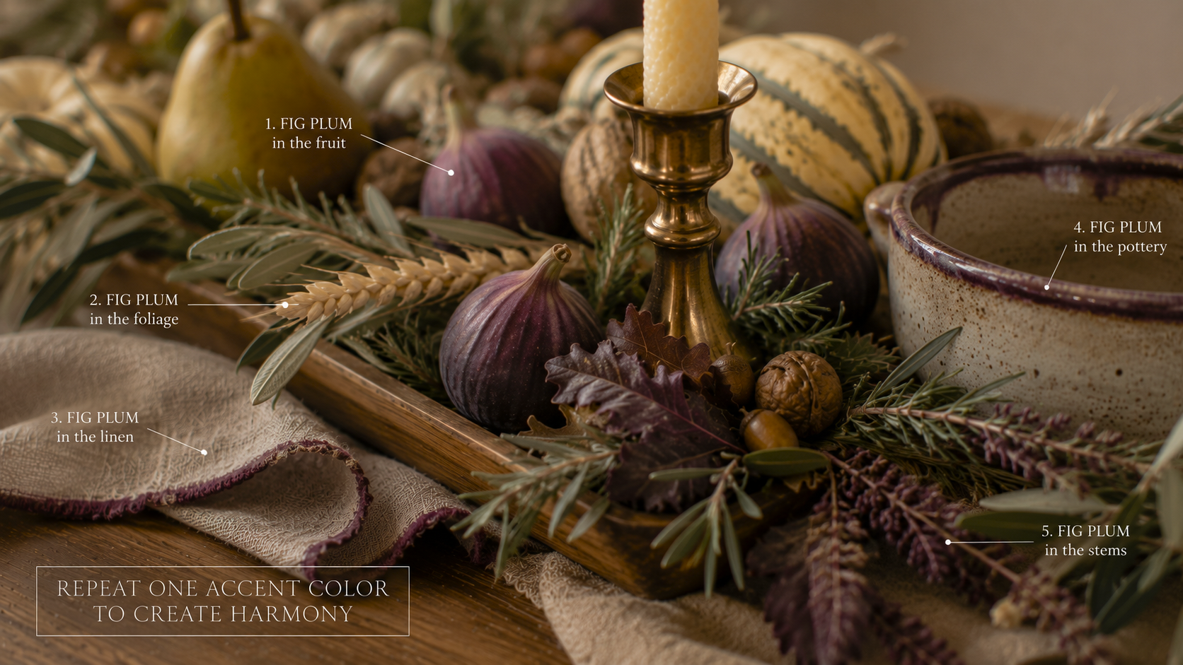 Step 6 of a harvest centerpiece tutorial shows one accent color repeated through figs, pottery, linen, and foliage, creating a naturally balanced and beautifully cohesive autumn arrangement.
