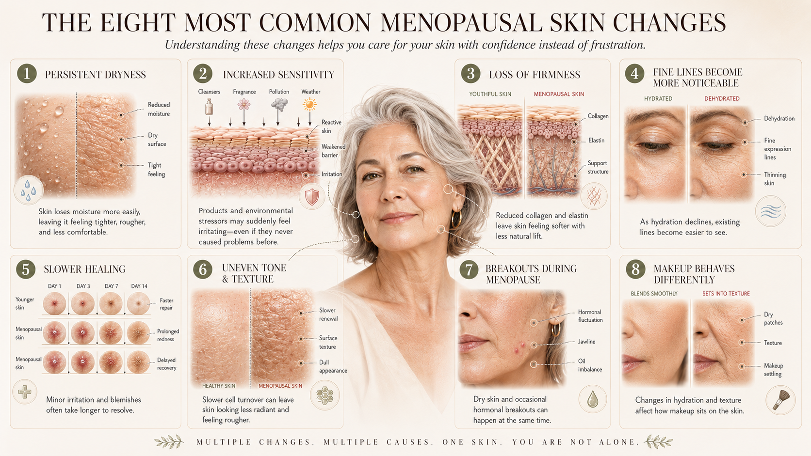 Beauty Masterclass learning plate explaining the 8 most common menopausal skin changes, including dryness, sensitivity, collagen loss, uneven texture, breakouts, healing, and makeup changes.