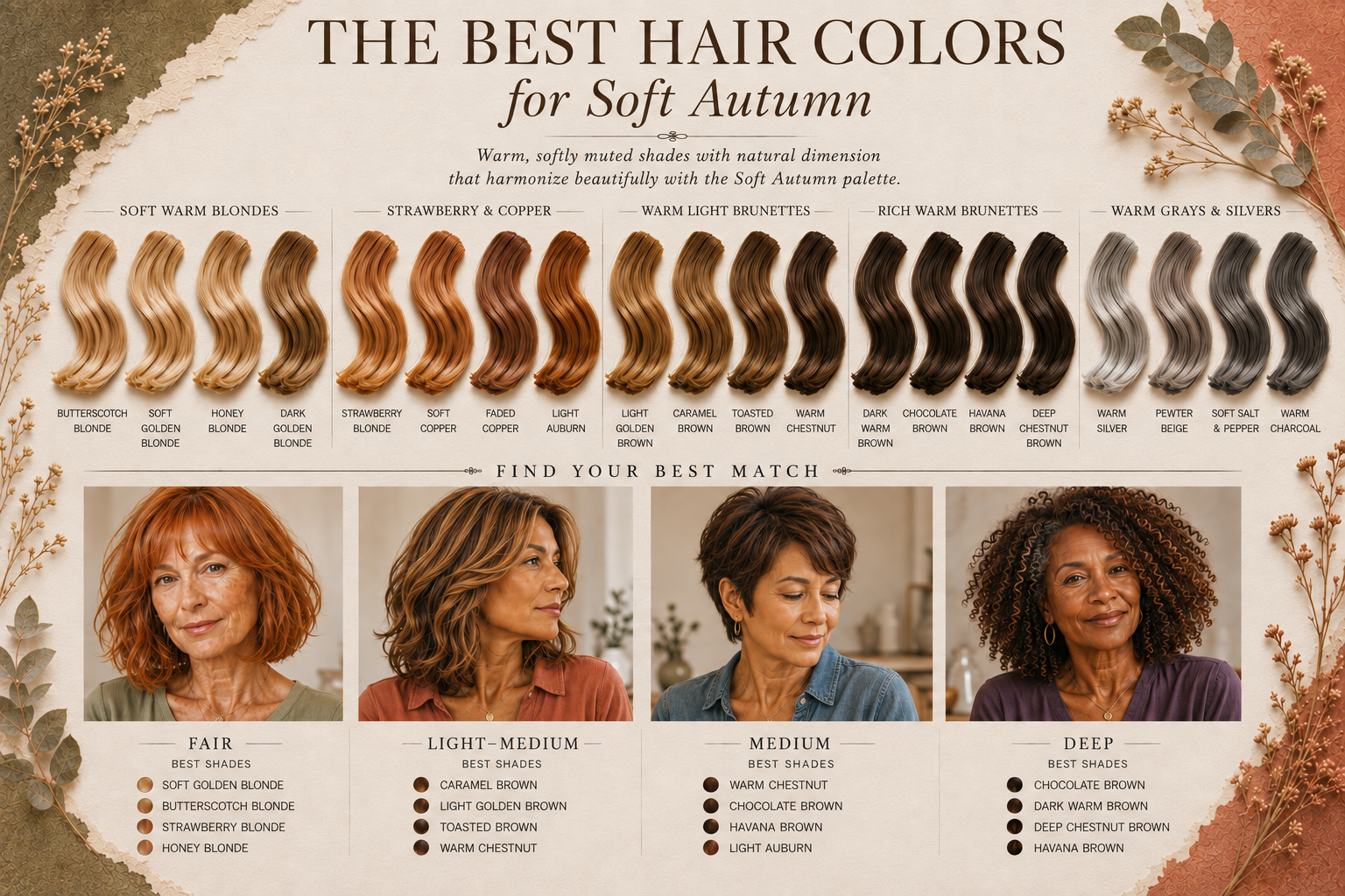 Best hair colors for Soft Autumn, from muted copper and golden blonde to caramel, warm chestnut, chocolate brown and dimensional brunette shades for every skin tone.