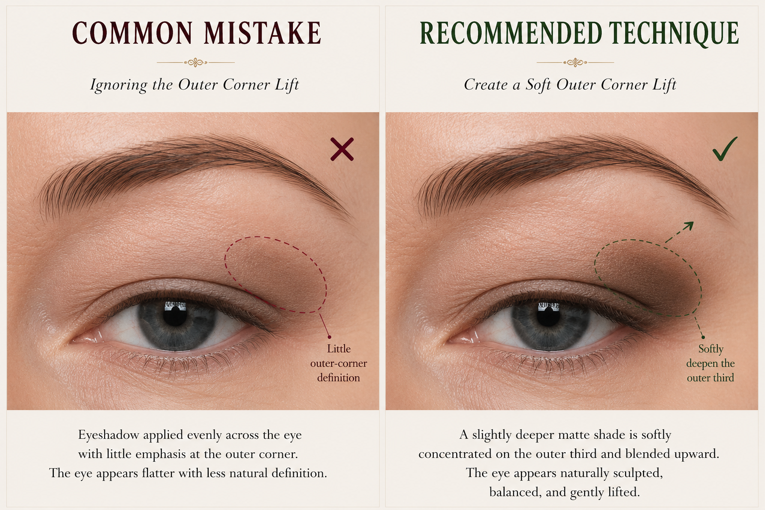 Learn how concentrating a deeper matte shade on the outer third of hooded eyes creates gentle lift and definition. Compare flat placement with a softly sculpted outer corner for a balanced look.