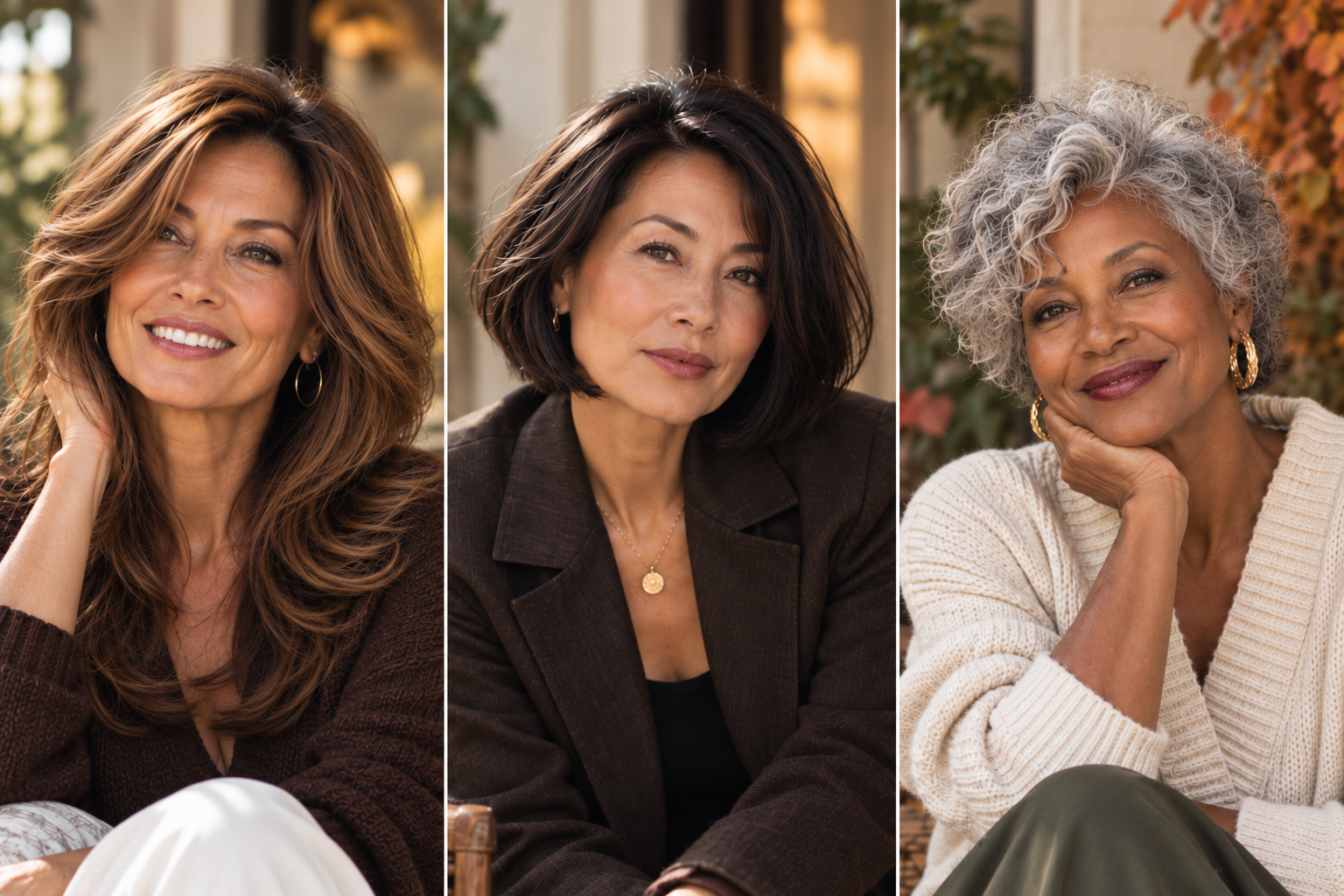 Three stylish women over 45 showcase voluminous brunette layers, a sleek dark bob, and textured silver curls. Discover flattering fall haircuts for different face shapes, hair textures, and personal styles.