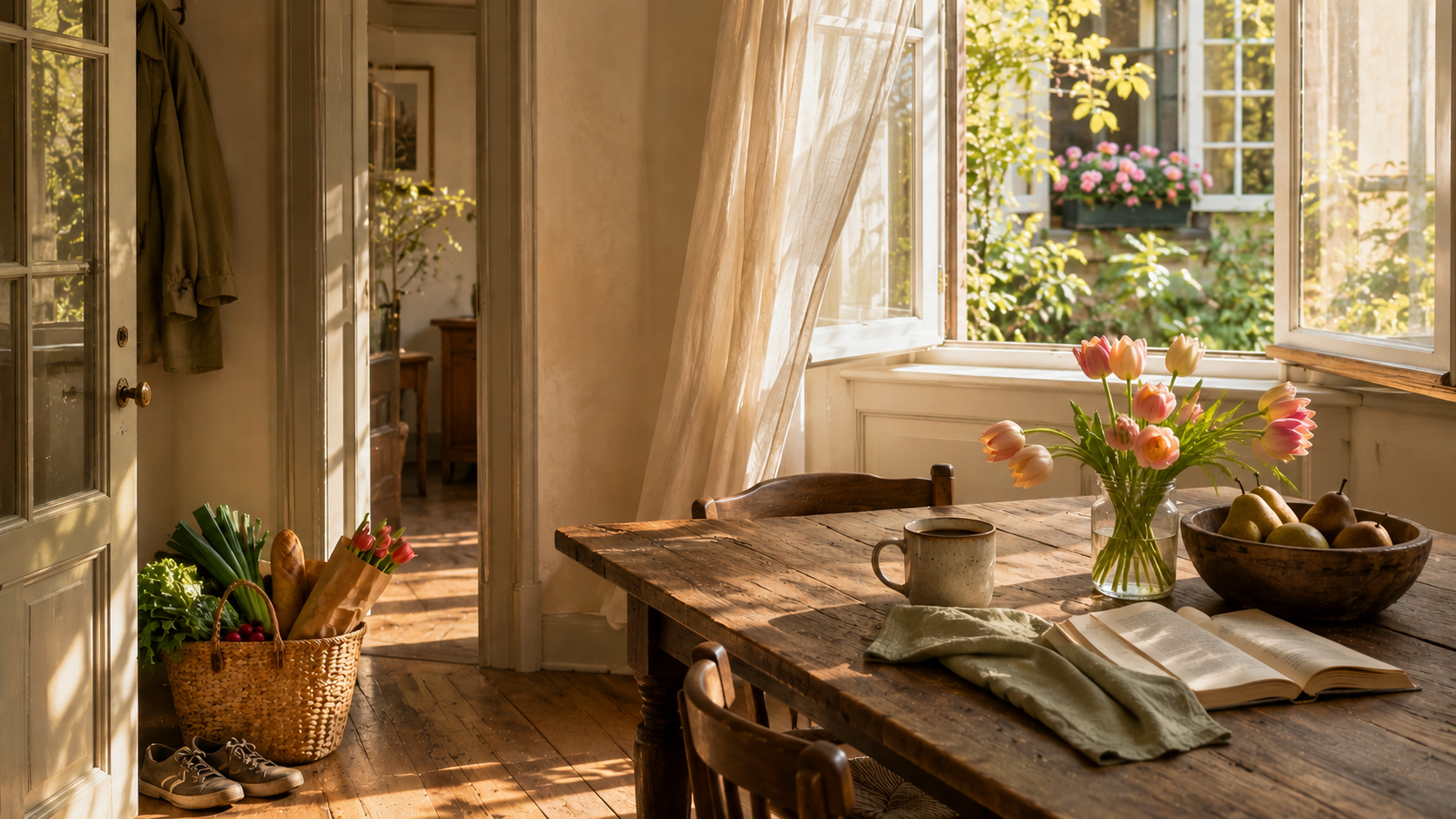 Sunlit breakfast room with buttercream plaster walls, weathered oak table, relaxed market tulips in a glass jar, handmade mug, woven basket, and open windows overlooking a spring garden.