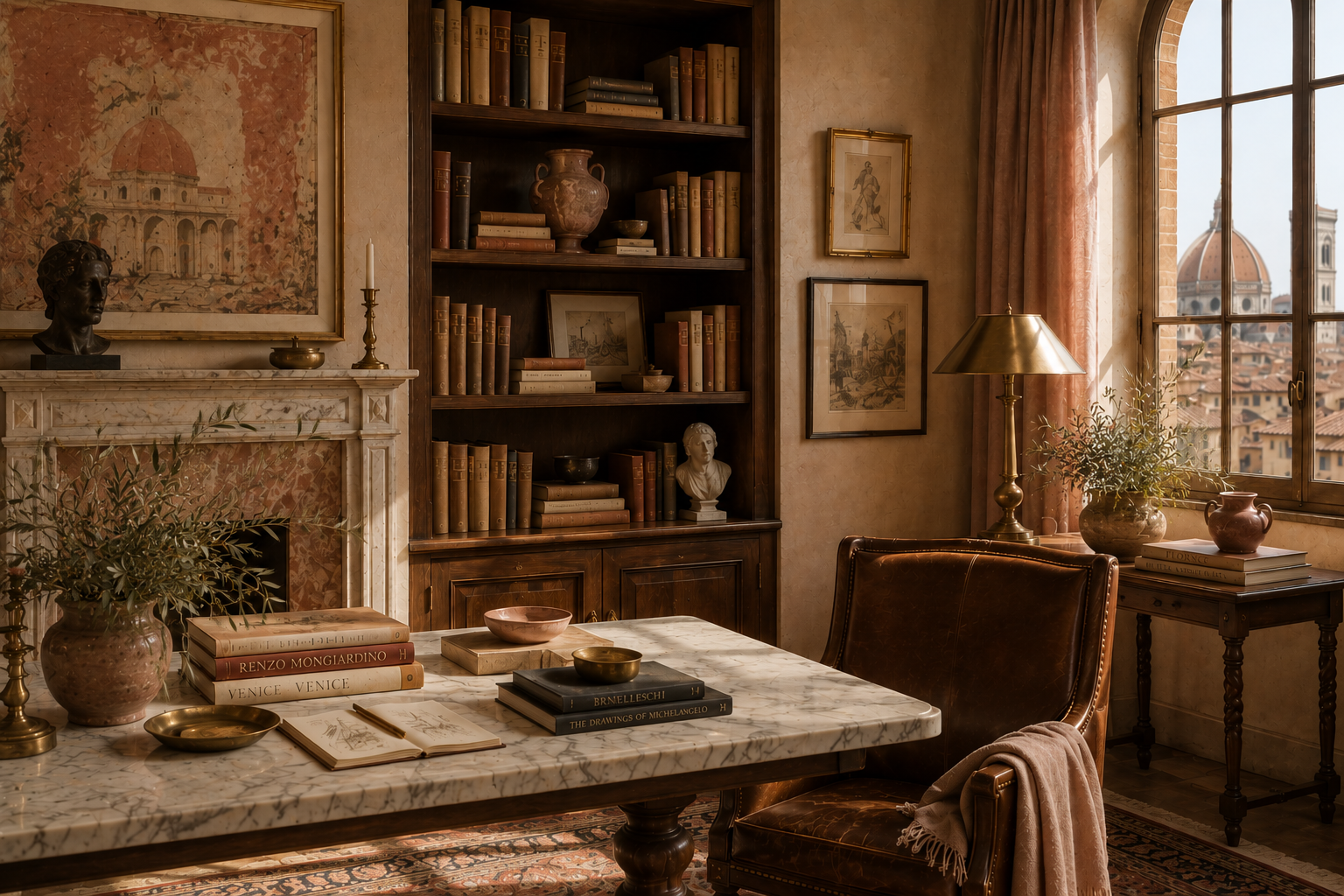 Florence-inspired interior with walnut bookcases, marble table, tobacco leather chair, olive branches, parchment walls, burnished gold accents, and warm sunlight overlooking the city.