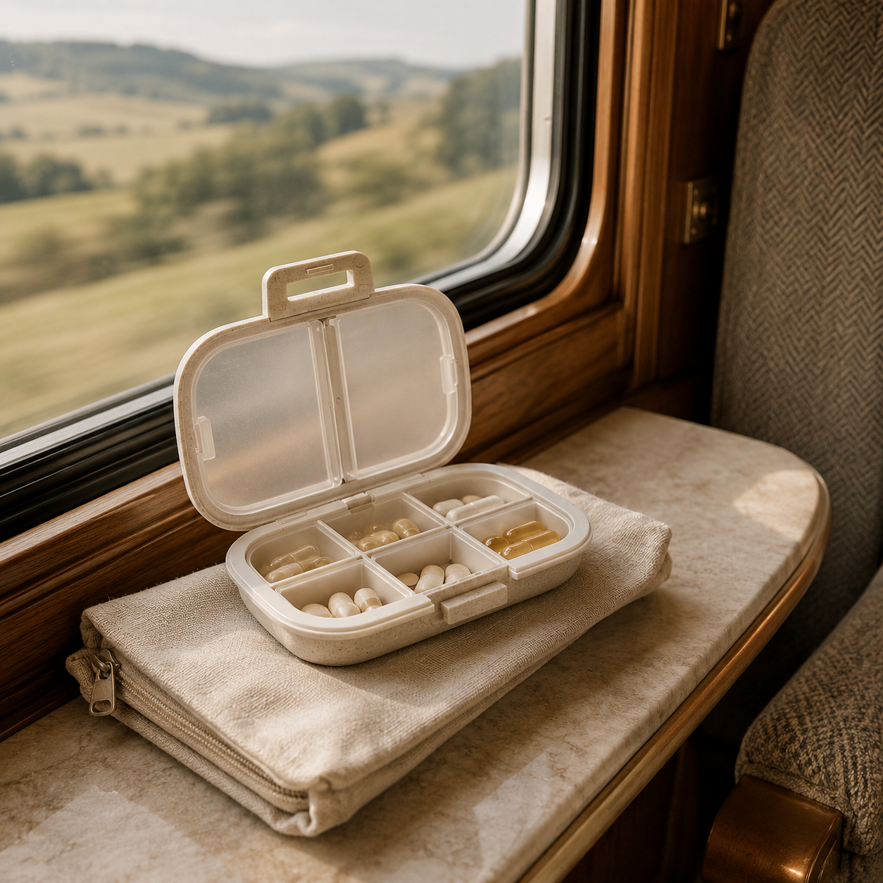 Travel pill organizer with neatly arranged supplement compartments resting beside a train window, illustrating wellness, organization, and thoughtful preparation during European travel.