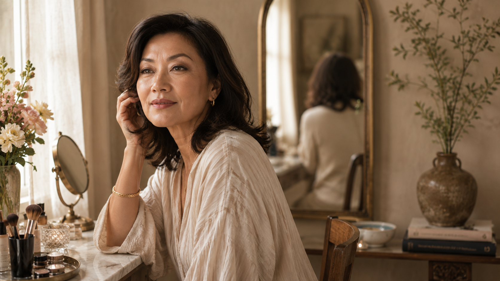 A woman with naturally hooded eyes sits at a refined vanity after completing her makeup, illustrating timeless hooded-eye techniques for mature women in a warm, editorial beauty setting.