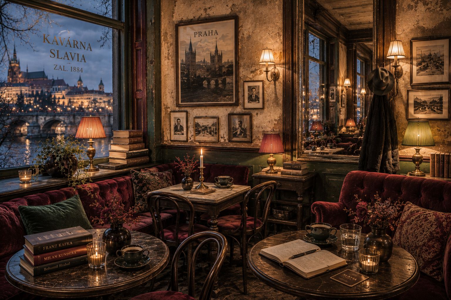 Prague-inspired literary café interior with garnet velvet seating, pine green accents, amber lamps, candlelight, marble tables, worn books, and winter evening city views.
