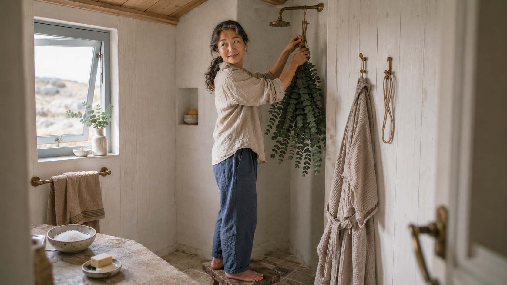A woman hangs fresh eucalyptus in a Scandinavian coastal cottage bathroom, creating a calming home fragrance ritual with natural light, handcrafted details, and timeless Nordic style.
