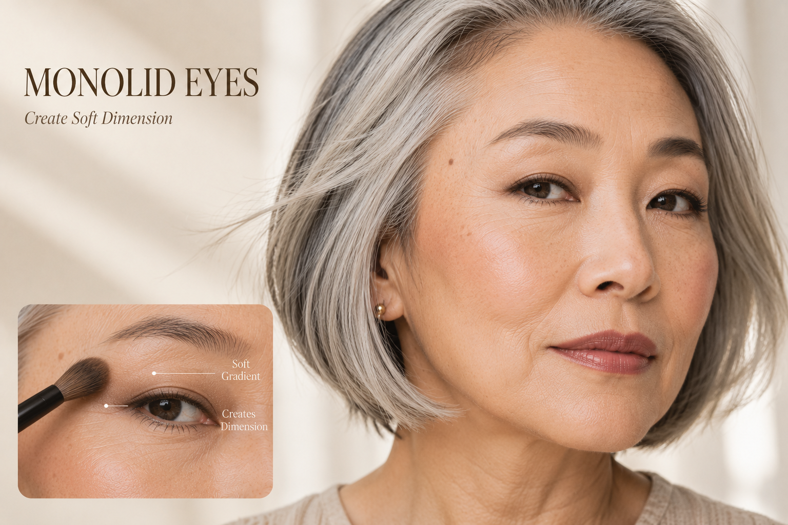 Luxury beauty tutorial for mature monolid eyes demonstrating a soft eyeshadow gradient that creates natural dimension while enhancing the eye shape with subtle, elegant definition.