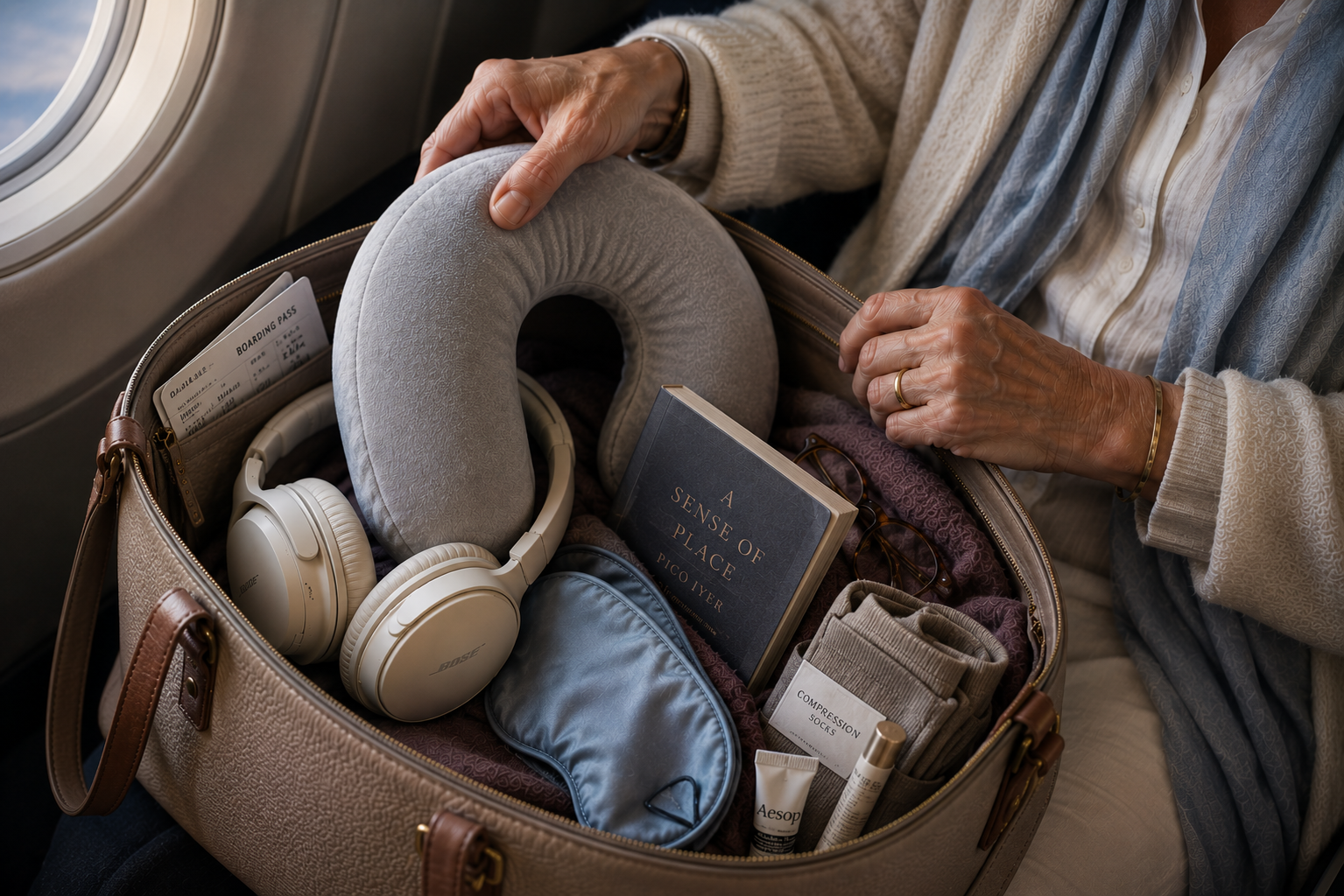 Sophisticated mature traveler organizing long-haul flight essentials in a taupe leather tote on an airplane, including a neck pillow, headphones, eye mask, book, wrap, and compression socks.