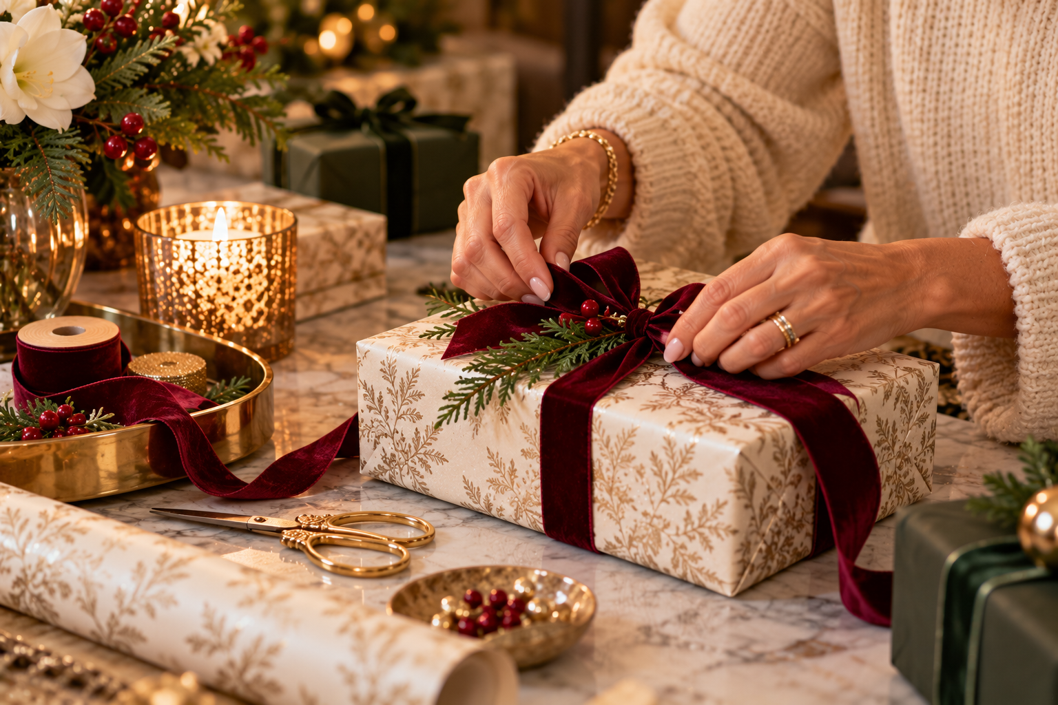 Hands tying a burgundy velvet bow around a beautifully wrapped Christmas gift, with evergreen sprigs, red berries, gold scissors, and candlelight on a marble tabletop.
