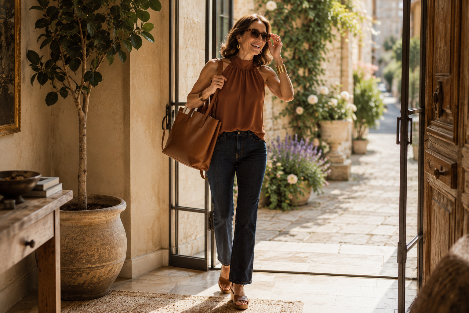 Confident woman in dark denim and a cognac halter top steps into a sunlit European courtyard, showing how timeless personal style evolves naturally through every season of life.