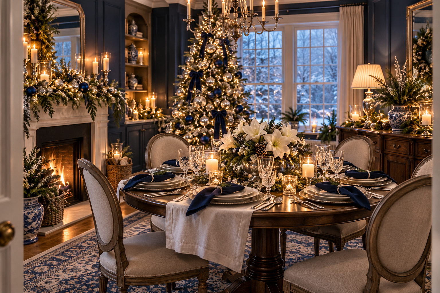 Elegant Christmas dining room with navy walls, a round table set with silver dinnerware and navy napkins, glowing pillar candles, a festive fireplace, and a navy-and-silver Christmas tree.