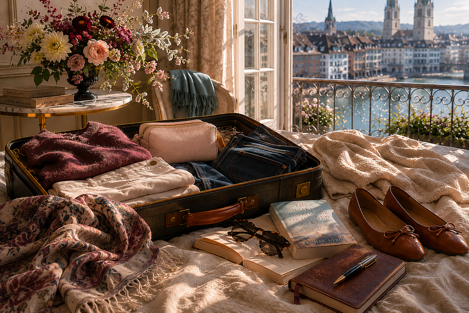 Elegant travel packing scene in a sunlit Zurich boutique hotel room with an open suitcase, plum knitwear, blush makeup bag, floral arrangement, ballet flats, and riverside city views.