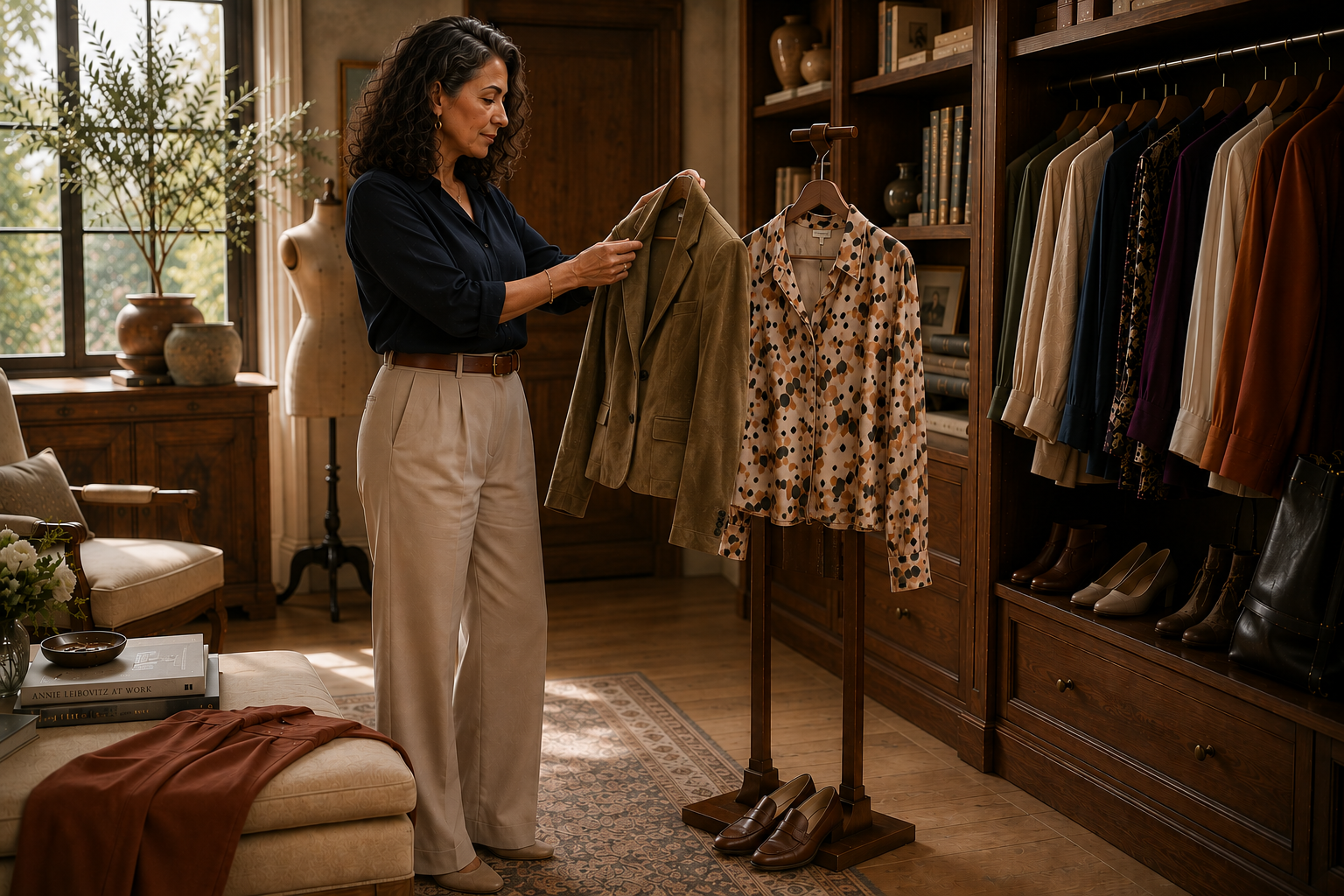 Elegant wardrobe planning begins with thoughtful choices. A woman refines a beautifully curated outfit, illustrating how balance, tailoring, and intention create timeless personal style.