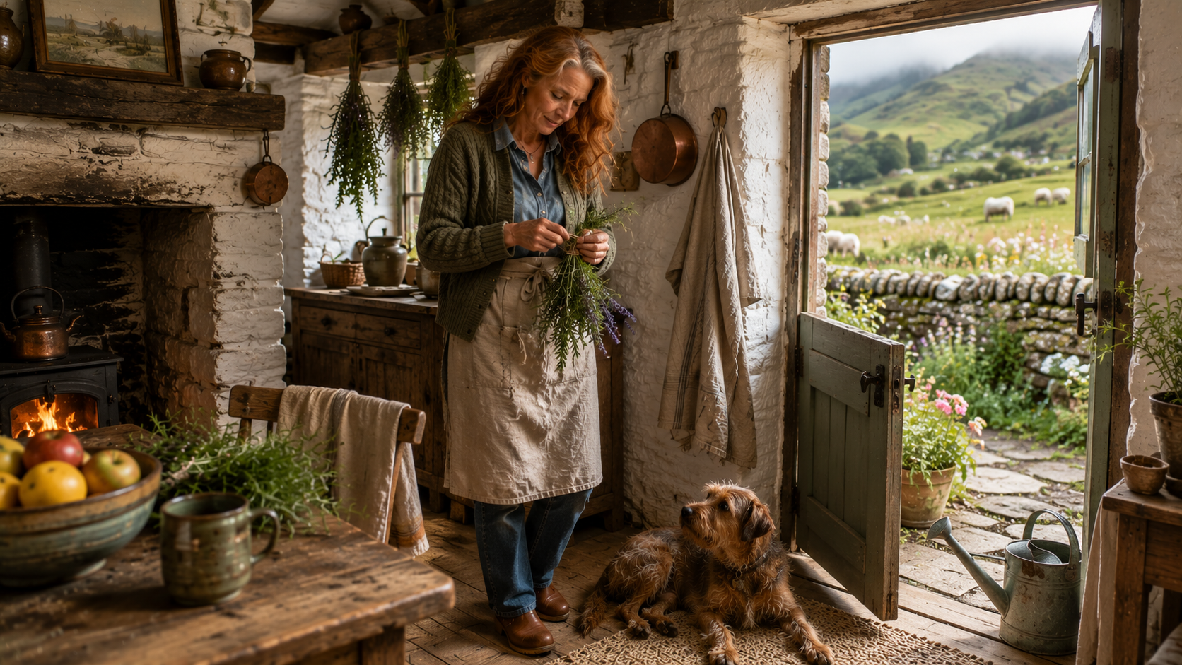 A woman gathers fresh herbs inside an Irish cottage, illustrating how everyday rituals, fresh air, and nature create a warm, welcoming home filled with beauty, comfort, and lasting memories.