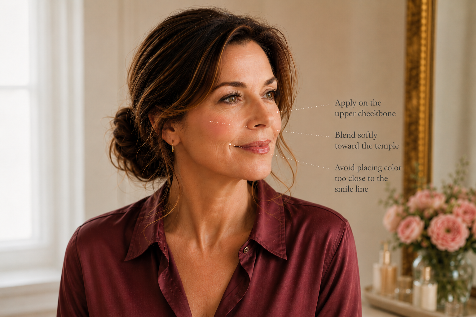 Editorial beauty graphic showing flattering blush placement on a brunette woman in her 60s, illustrating how to apply color high on the cheekbone and blend softly toward the temple.