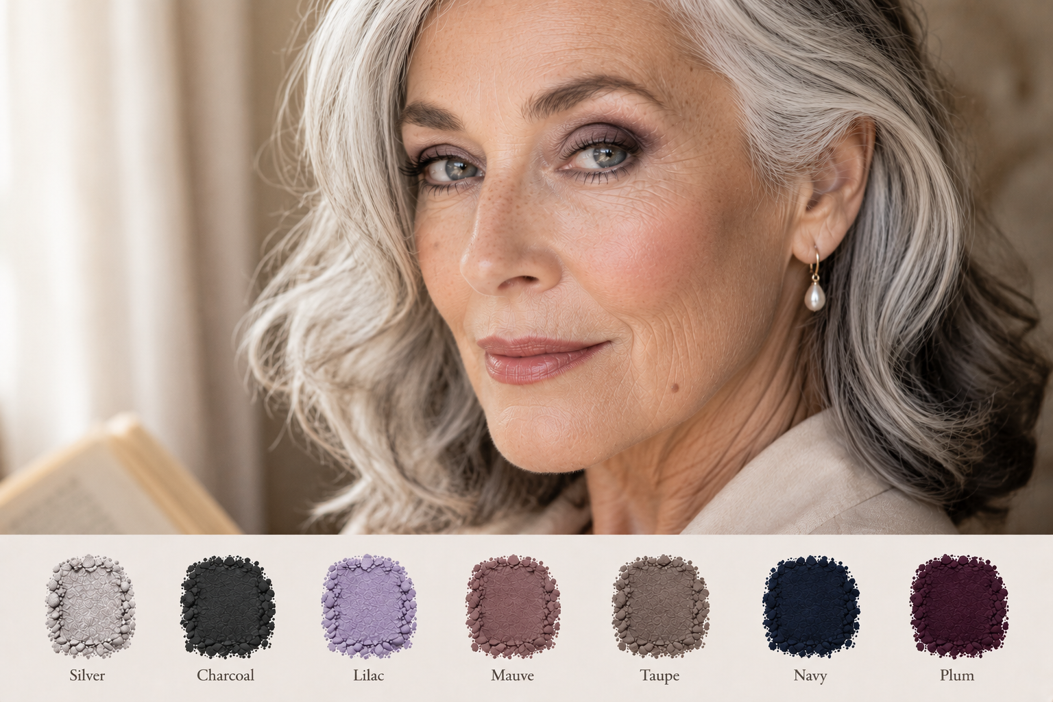 Luxury editorial portrait of a mature Scottish woman with gray eyes, featuring silver, taupe, plum, and charcoal eyeshadow that enhances natural eye color with soft, elegant definition.