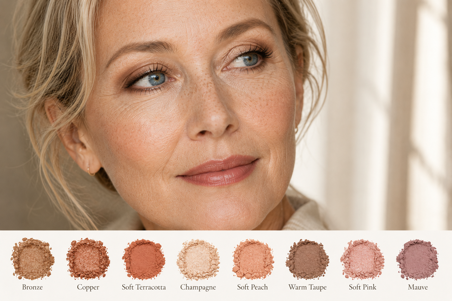 Luxury editorial close-up of a mature woman with blue eyes wearing warm taupe, bronze, and champagne eyeshadow, with flattering eyeshadow swatches for enhancing blue eyes after 50.