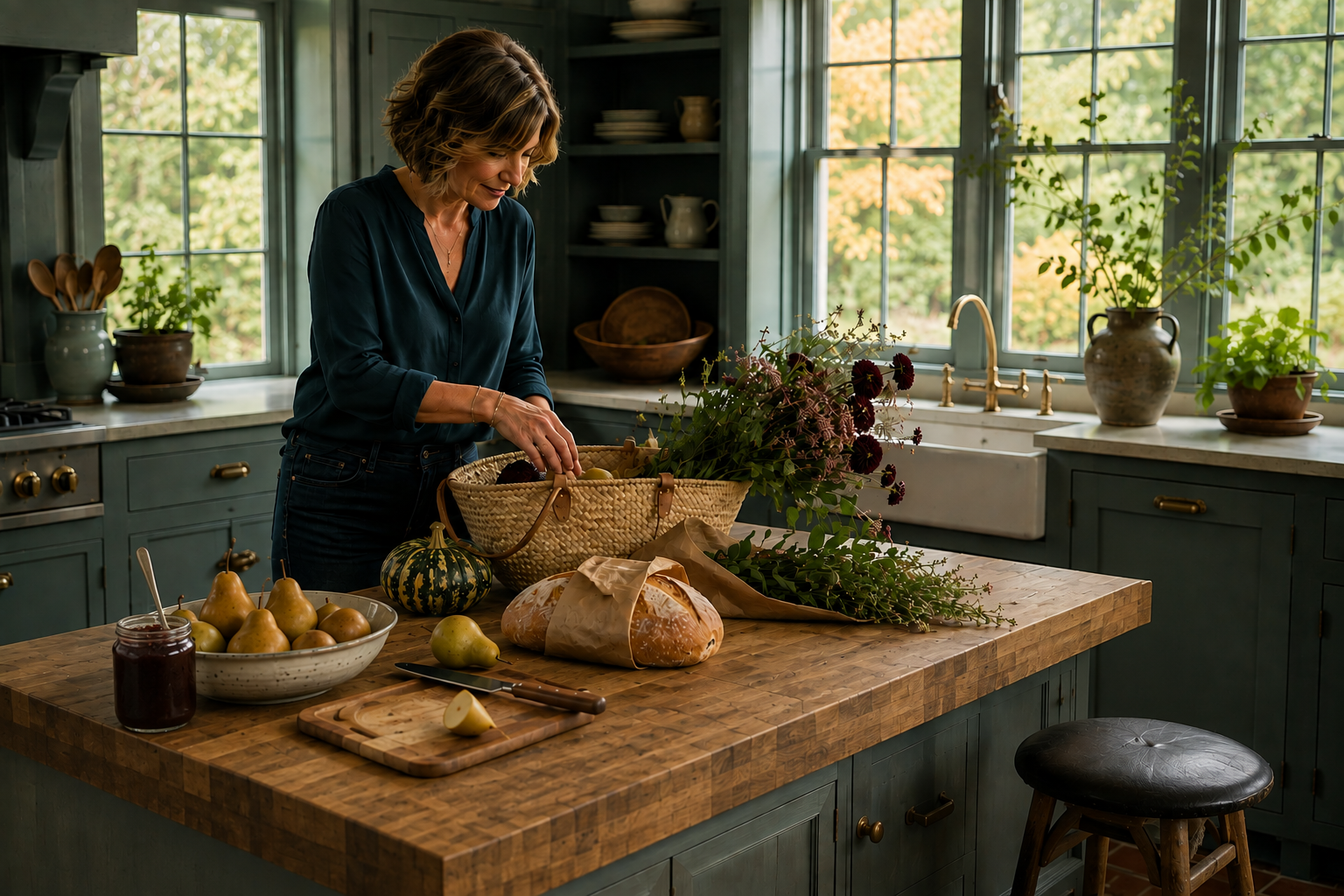 A woman unpacks pears, fresh bread, squash and late-season flowers in a blue-green kitchen, capturing the small seasonal changes that bring early autumn into the home.