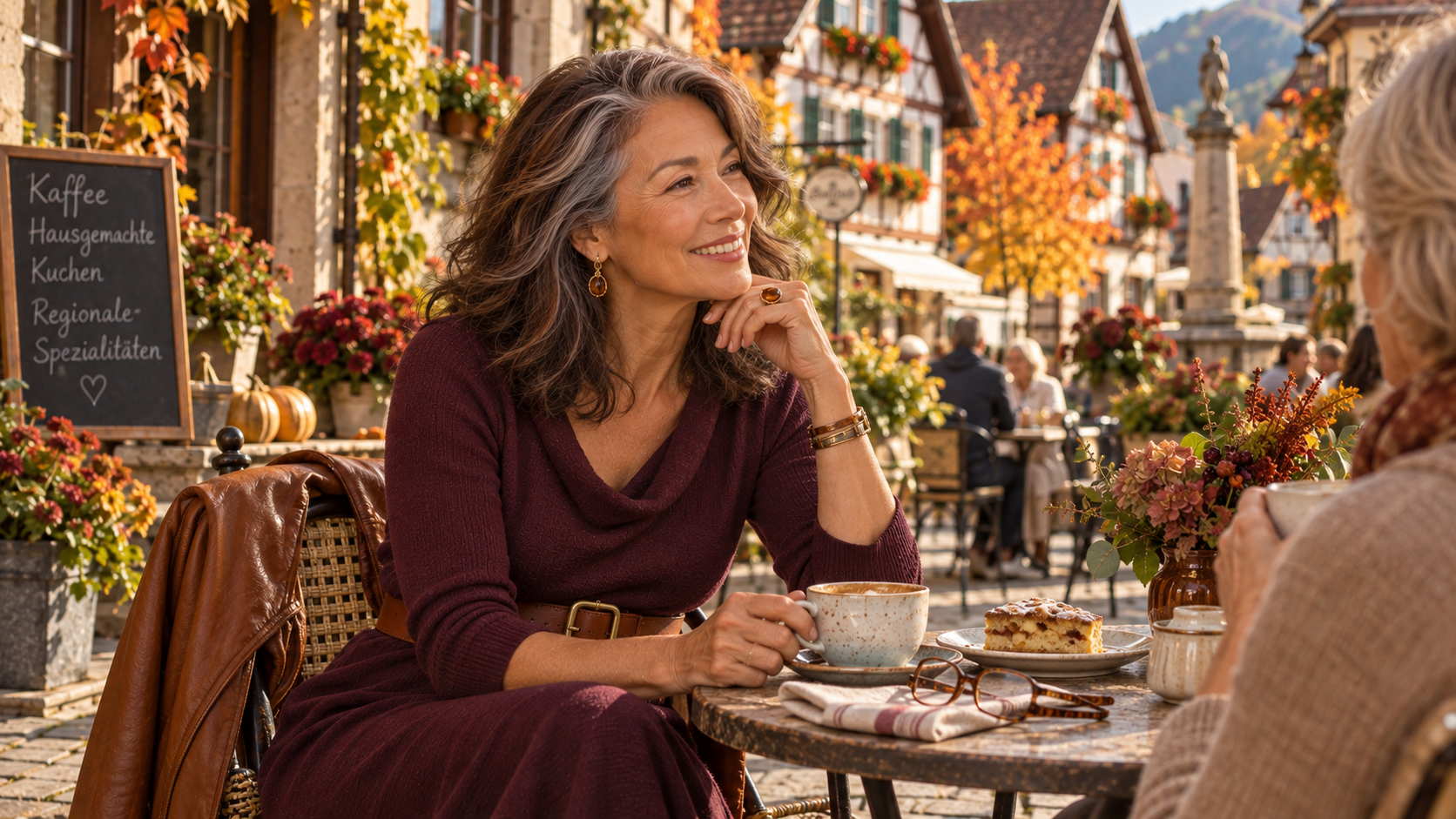 A mature True Autumn woman at a Bavarian café in rich burgundy, cognac and warm gold, showing how the season’s earthy warmth and depth remain beautiful as coloring changes with age.