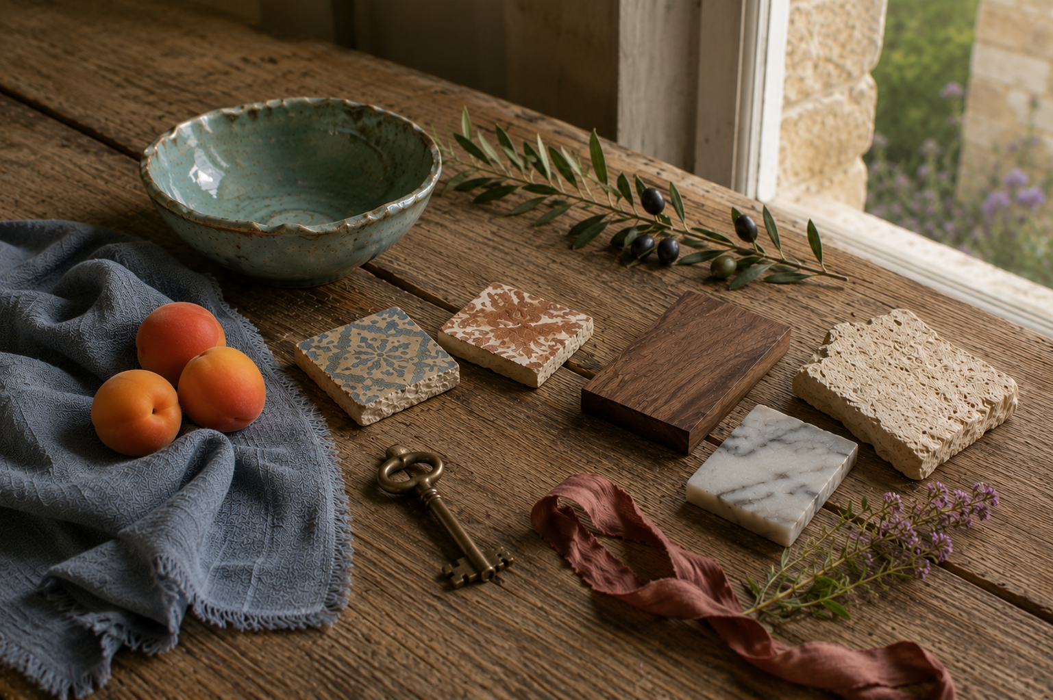 Editorial still life of weathered wood, dusty blue linen, handmade pottery, antique tile fragments, apricots, olive branches, and natural materials in soft morning light, celebrating the language of home atmosphere.