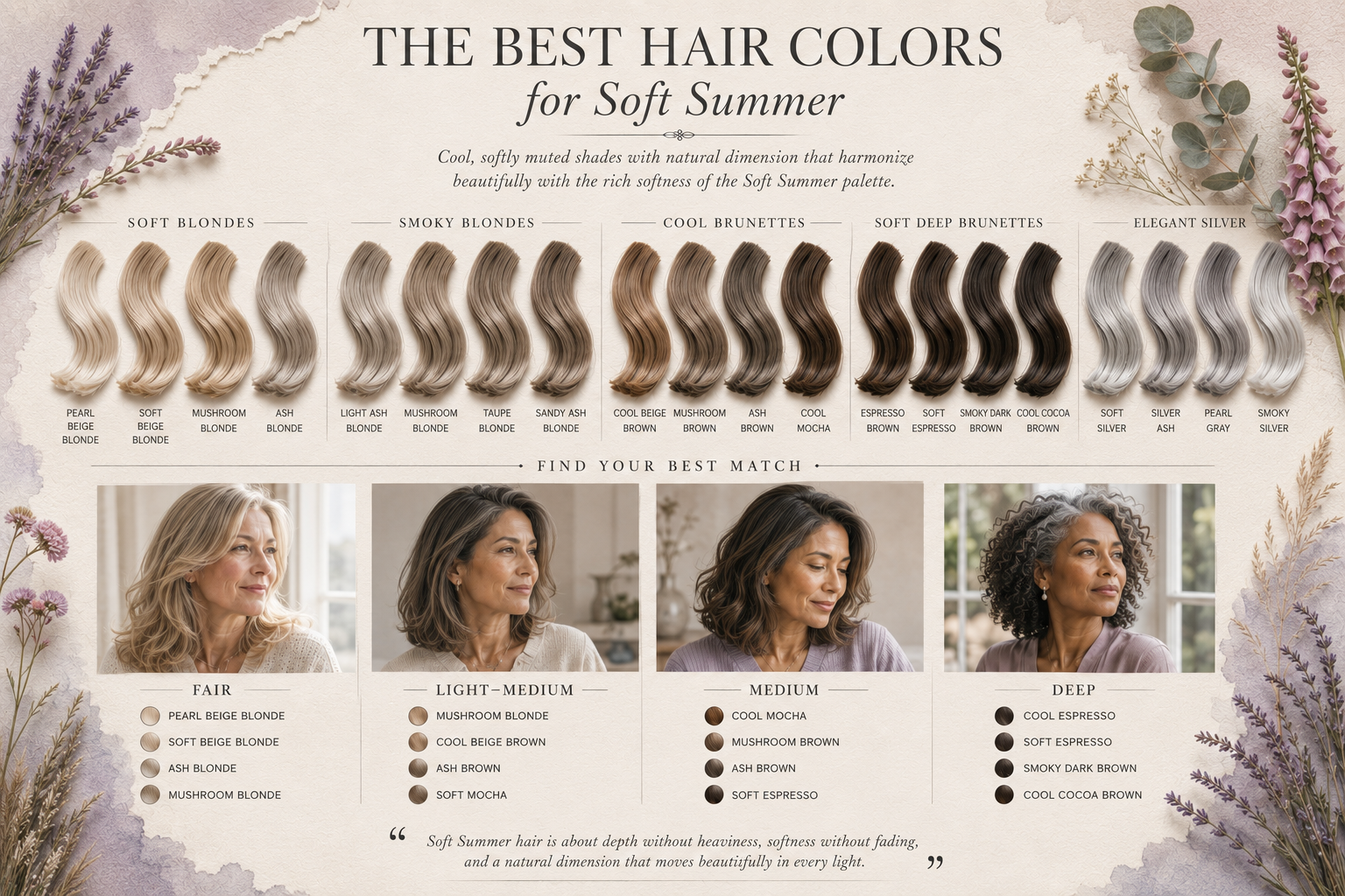 Discover the best hair colors for Soft Summer, from soft blondes to smoky brunettes and elegant silver shades. This editorial guide helps you choose harmonious, cool, softly muted hair colors.