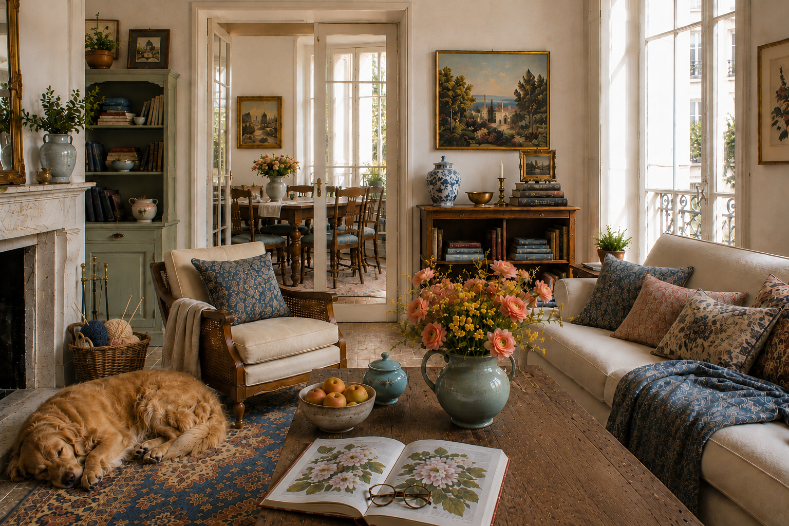 Beautifully lived European living room with blue accents, fresh flowers, books, knitting basket, and a sleeping golden retriever in warm morning light, creating a timeless and welcoming atmosphere.