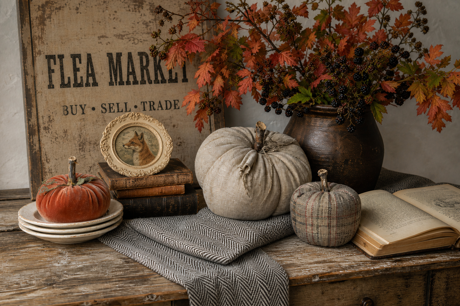 A flea market console table layered with handmade fabric pumpkins, vintage books, a fox portrait, ironstone plates, blackberry branches, and persimmon leaves.