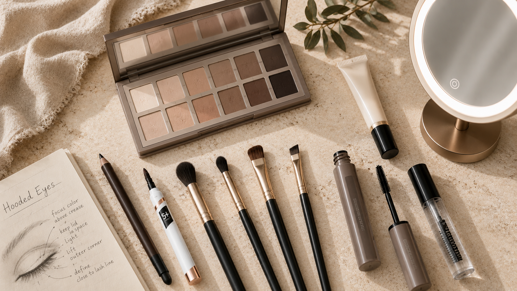 Editorial flat lay of the best makeup products for hooded eyes, including neutral eyeshadows, precision brushes, eye primer, cream eyeliner, tubing mascara, heated lash curler, and a lighted makeup mirror.