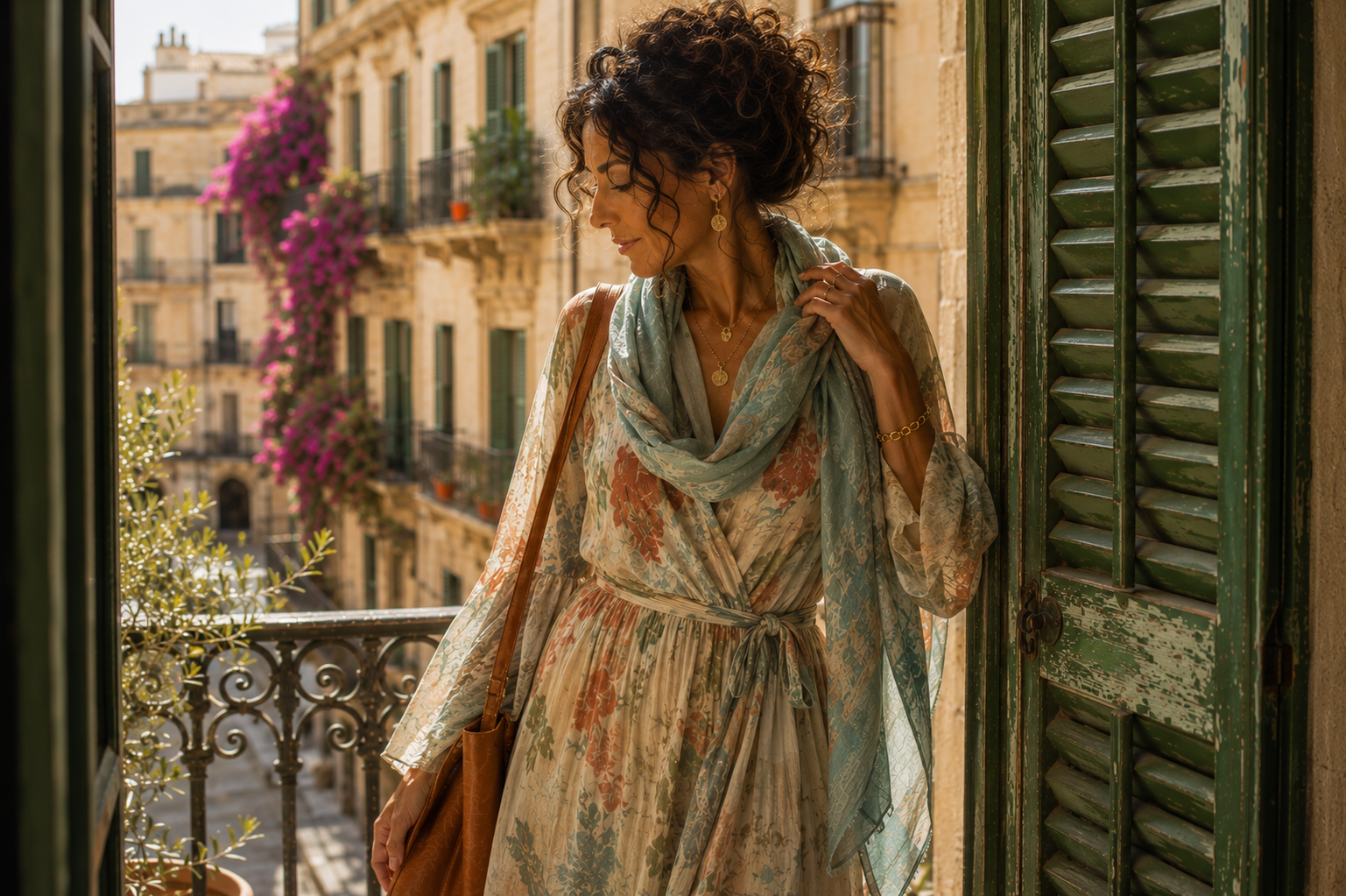Mediterranean woman with olive skin and curly hair pinned up stands on a Barcelona balcony wearing a flowing dress in sea-glass blue, terracotta, and olive tones beside weathered green shutters.