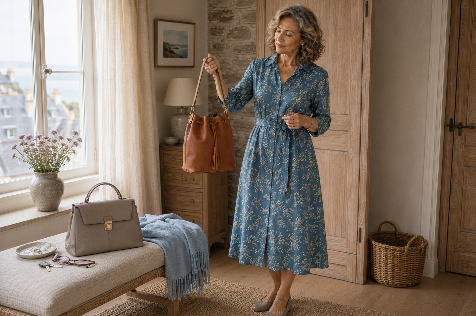 True Summer styling mistakes: see how a cool Blue Jade dress and taupe accessories harmonize beautifully, while a warm cognac handbag subtly disrupts the cool palette.