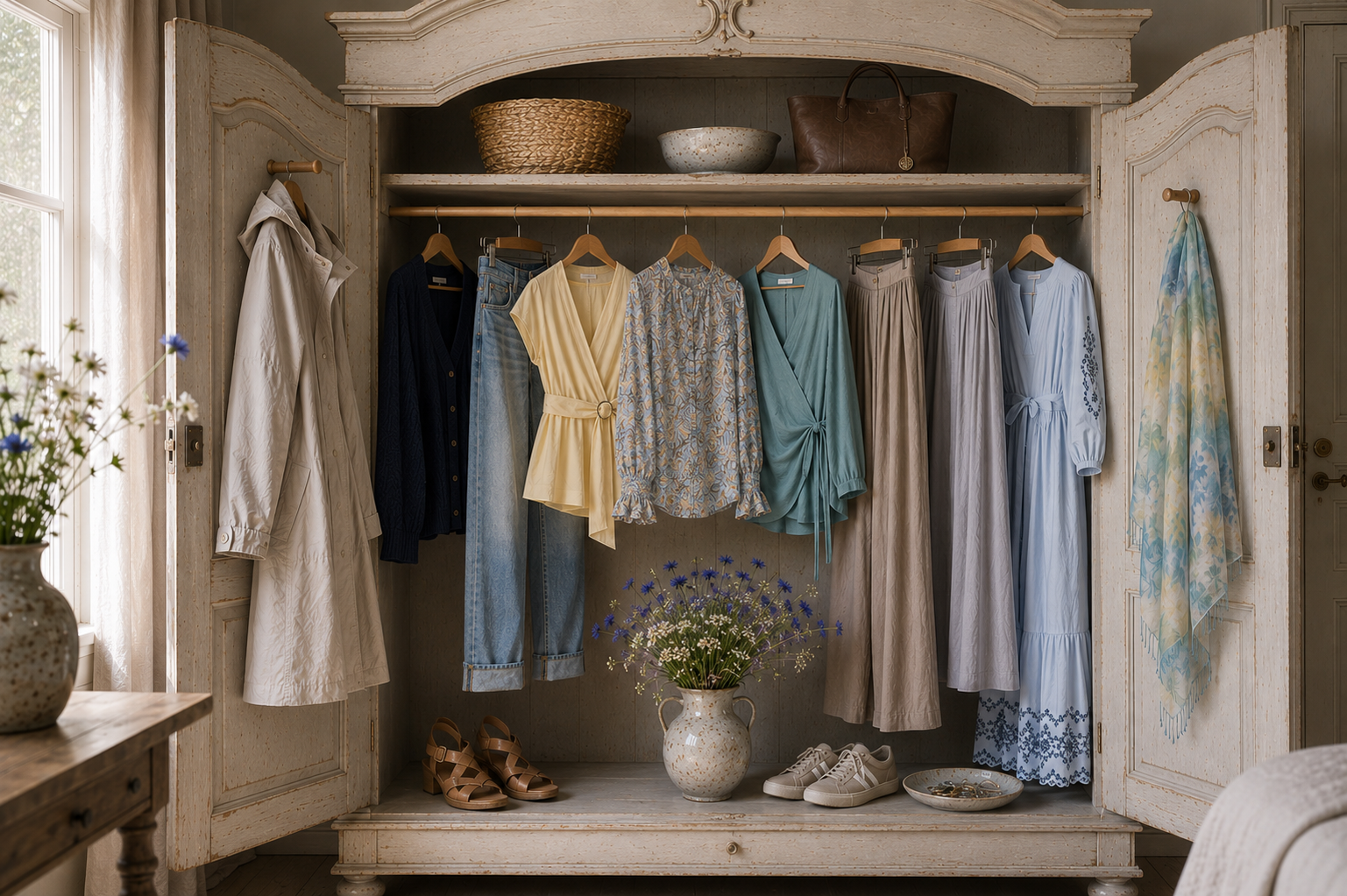 Light Summer Scandinavian travel wardrobe displayed inside a weathered Gustavian armoire with curated clothing, handcrafted accessories, and soft morning light in a Scandinavian boutique guesthouse.