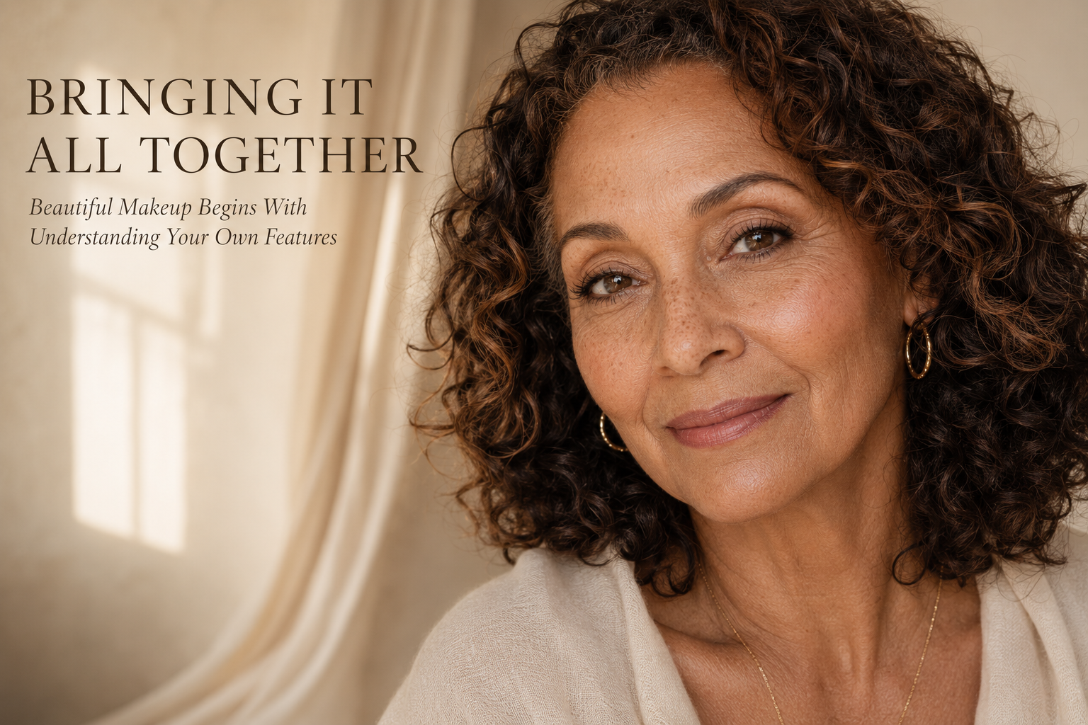 Closing beauty editorial featuring a mature Creole woman with soft, natural eye makeup that enhances her unique features, celebrating authentic beauty, confidence, and graceful aging.