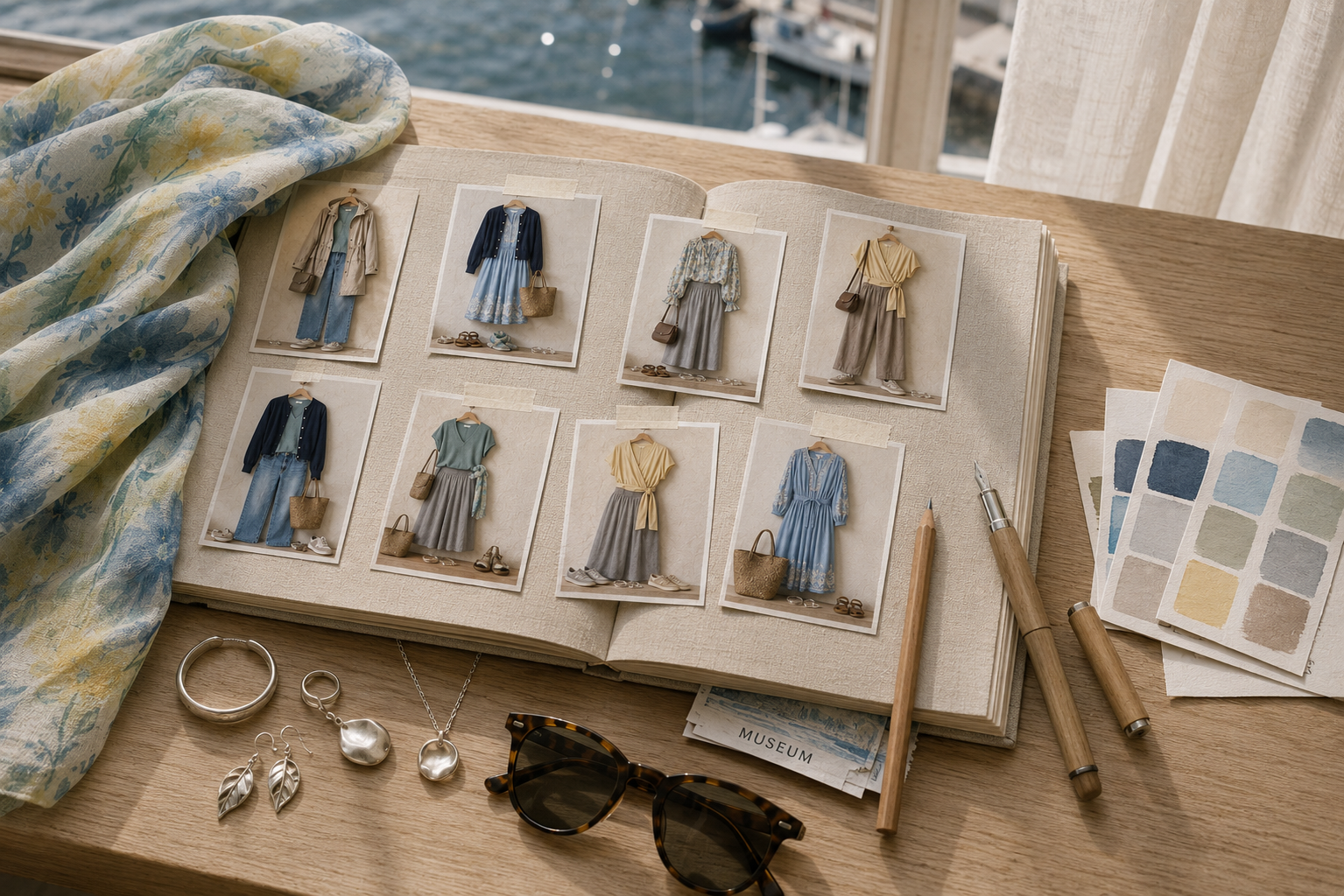 Open linen notebook displaying nine Light Summer Scandinavian travel outfit ideas with watercolor color swatches, silver jewelry, sunglasses, and a floral scarf on an oak table beside a harbor window.