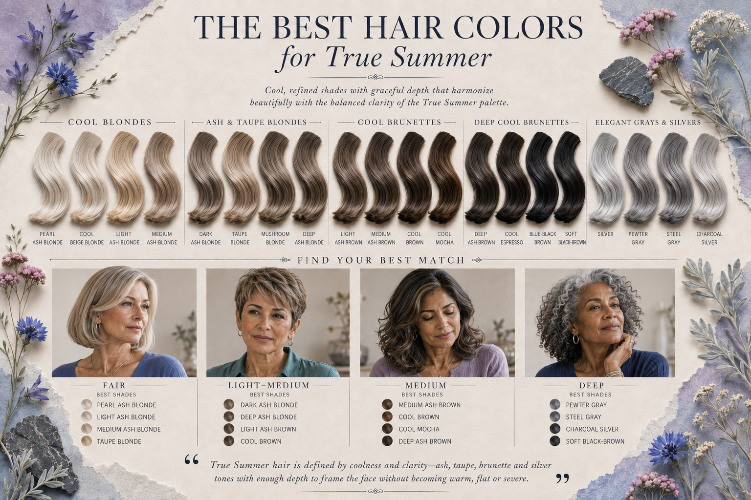 Best hair colors for True Summer, from cool ash blondes and dimensional brunettes to elegant silver and gray, with shade ideas for different skin depths.