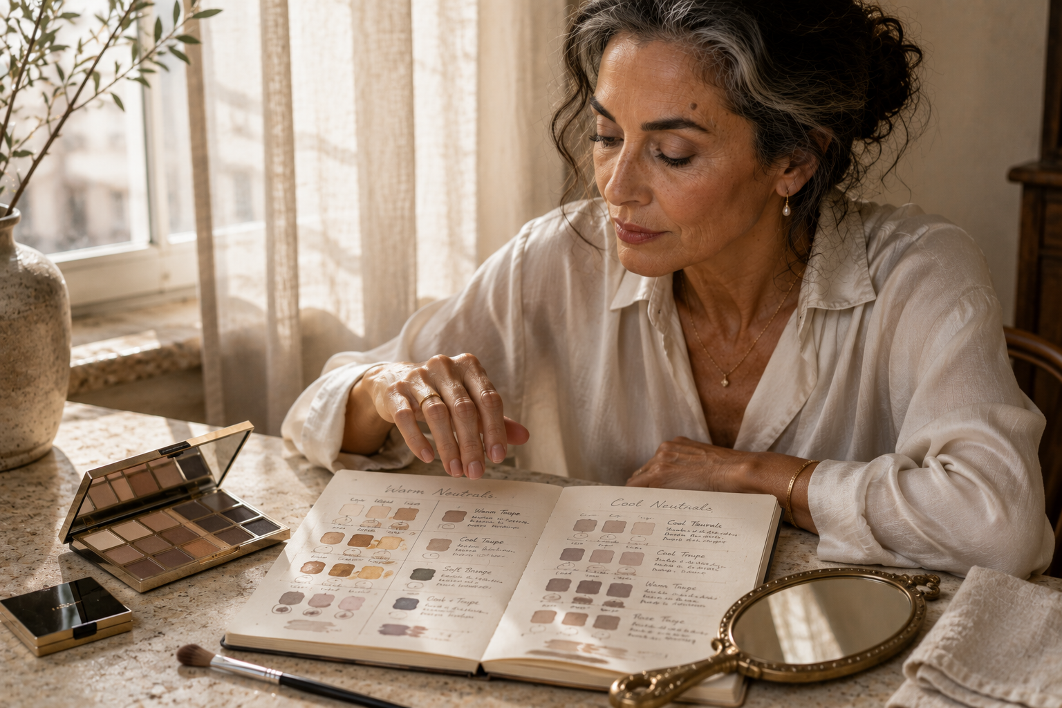 Elegant mature woman thoughtfully comparing warm and cool eyeshadow color families beside a sunlit European window, illustrating how Seasonal Color Analysis creates naturally harmonious makeup choices.