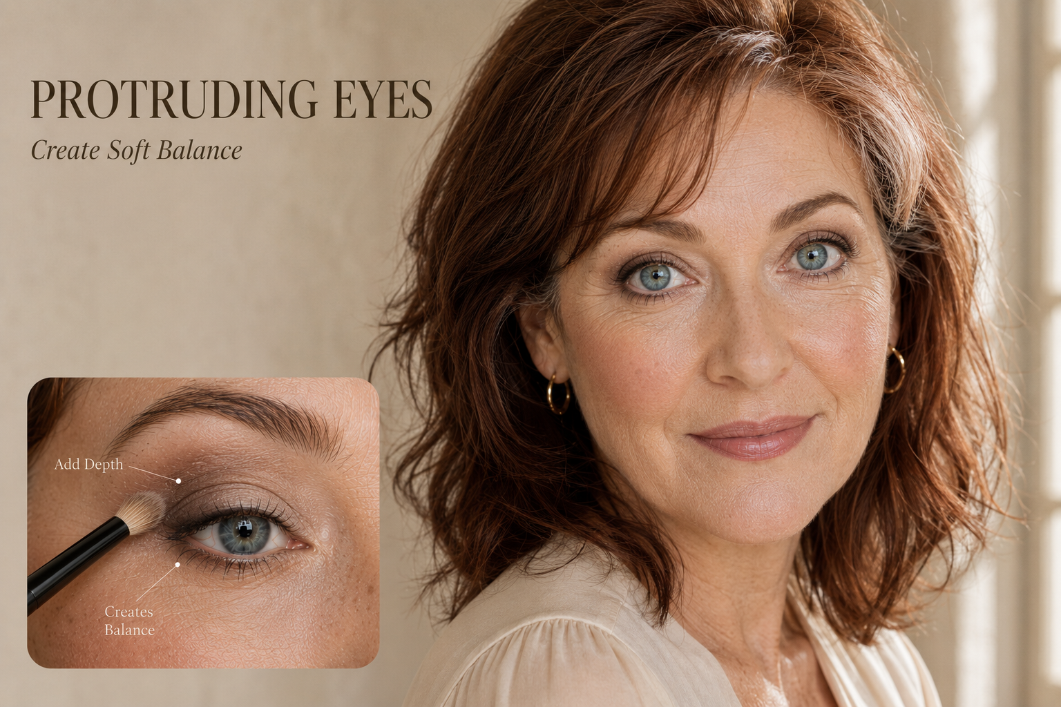 Luxury beauty tutorial for mature protruding eyes featuring matte eyeshadow placement to add soft depth and balance, with an editorial portrait and inset demonstrating outer-crease blending technique.