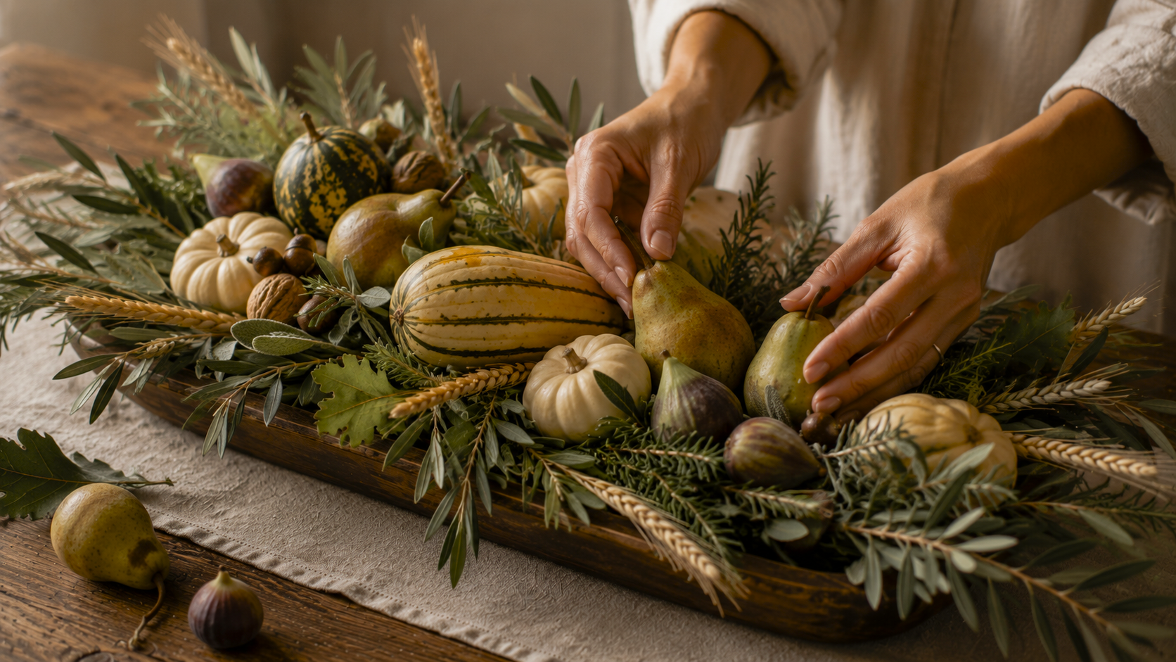 Step 3 of a harvest centerpiece tutorial shows pears, figs, pumpkins, and heirloom gourds nestled into gathered branches, creating natural abundance through thoughtful layering and balance.