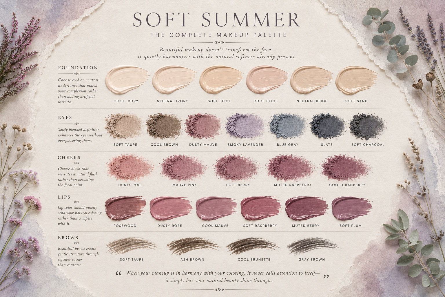 Discover the best makeup colors for Soft Summer with this luxury editorial palette featuring cool foundations, muted eyeshadows, soft blushes, harmonious lip colors, and natural brow shades.