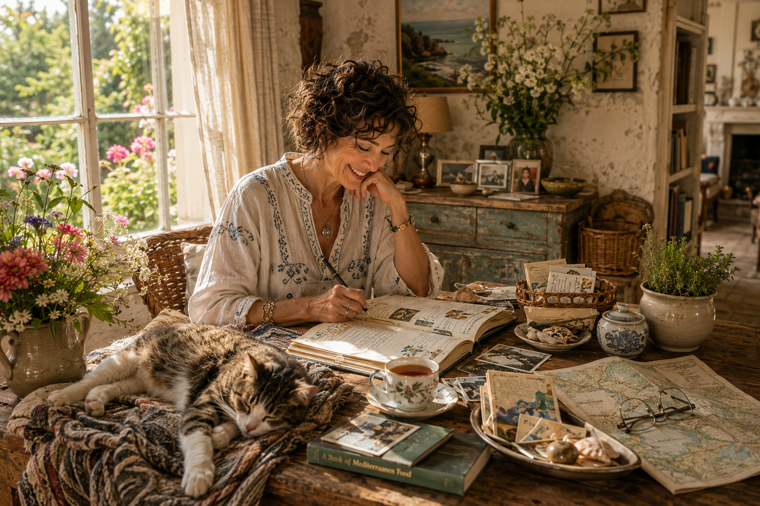 Woman writing in a well-loved travel journal beside a sleeping cat in a sunlit country home, surrounded by meaningful books, collected treasures, fresh flowers, and memories from years of travel.