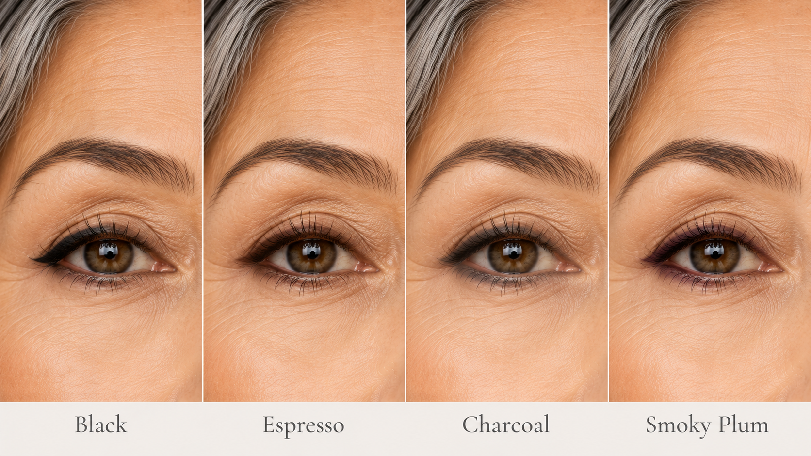 Four close-up eye portraits compare black, espresso, charcoal, and smoky plum eyeliner on mature eyes, showing how softer shades can create gentler definition while maintaining brightness and lift.
