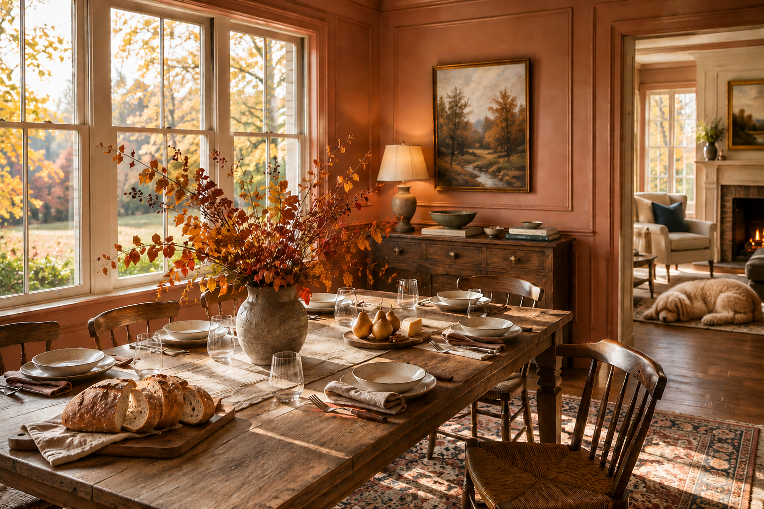 A luminous autumn dining room with warm painted walls, seasonal branches, a welcoming table and a Goldendoodle asleep by the fire captures cozy fall decorating.