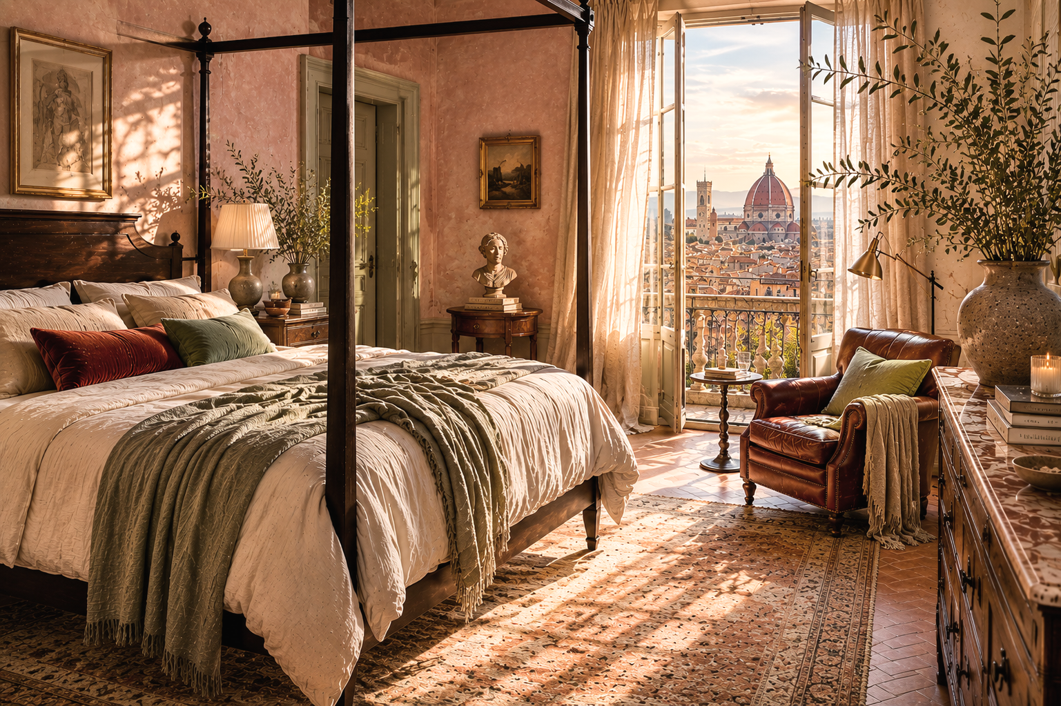 Florentine master bedroom with fresco pink plaster walls, espresso four-poster bed, olive branches, layered linen bedding, oxblood leather chair, and sunlit Florence Duomo views.
