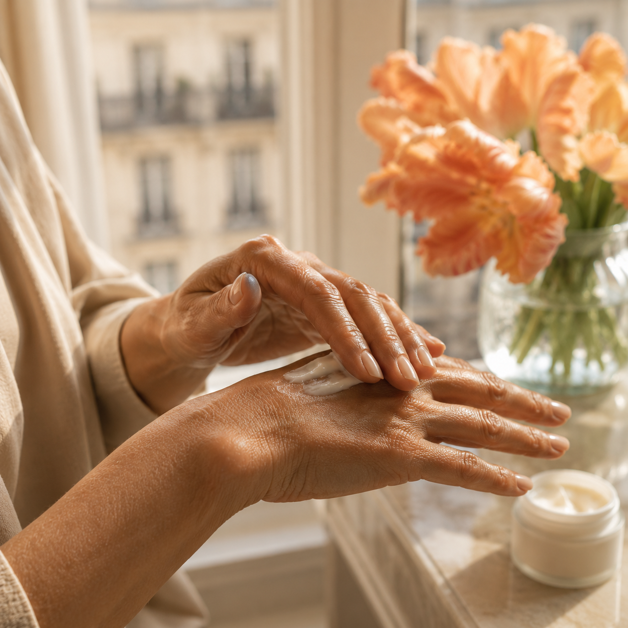Close-up of an elegant woman applying hand cream near a sunlit hotel window, illustrating travel self-care, hydration, and comfort after a long day of exploring.