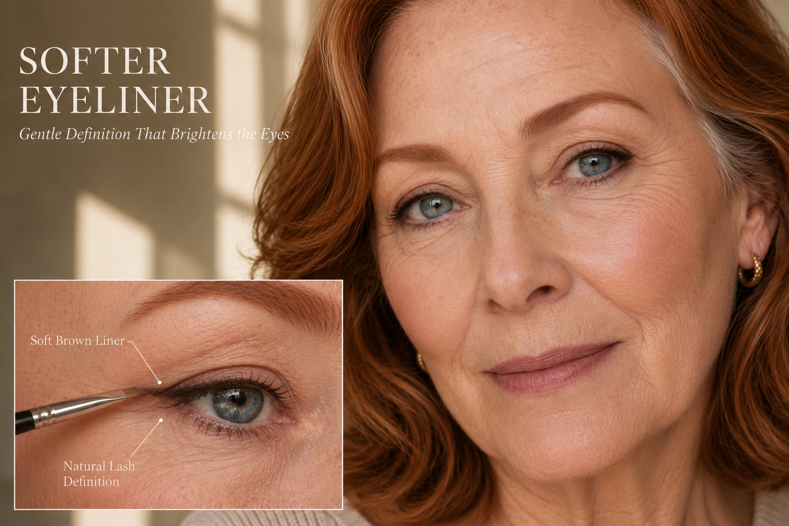 Luxury beauty tutorial for mature eyes featuring a copper-haired woman with softly defined eyeliner and a close-up inset demonstrating subtle brown liner applied along the upper lash line.