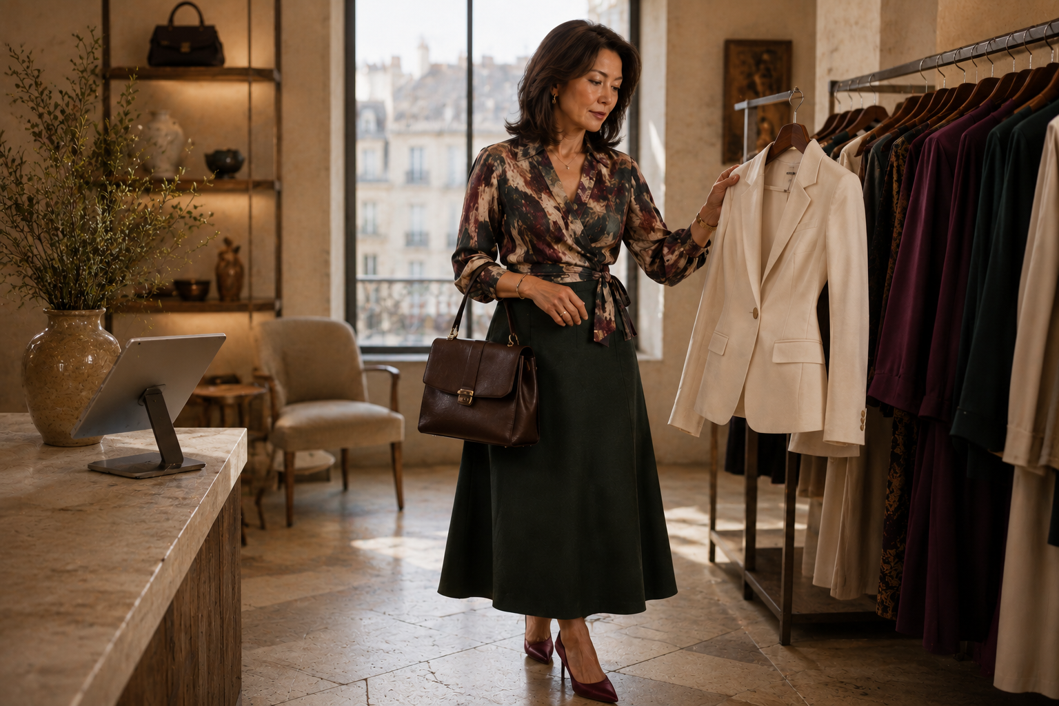 Elegant East Asian woman thoughtfully evaluating a tailored blazer in a refined boutique, illustrating intentional wardrobe building, confident shopping, and timeless personal style.