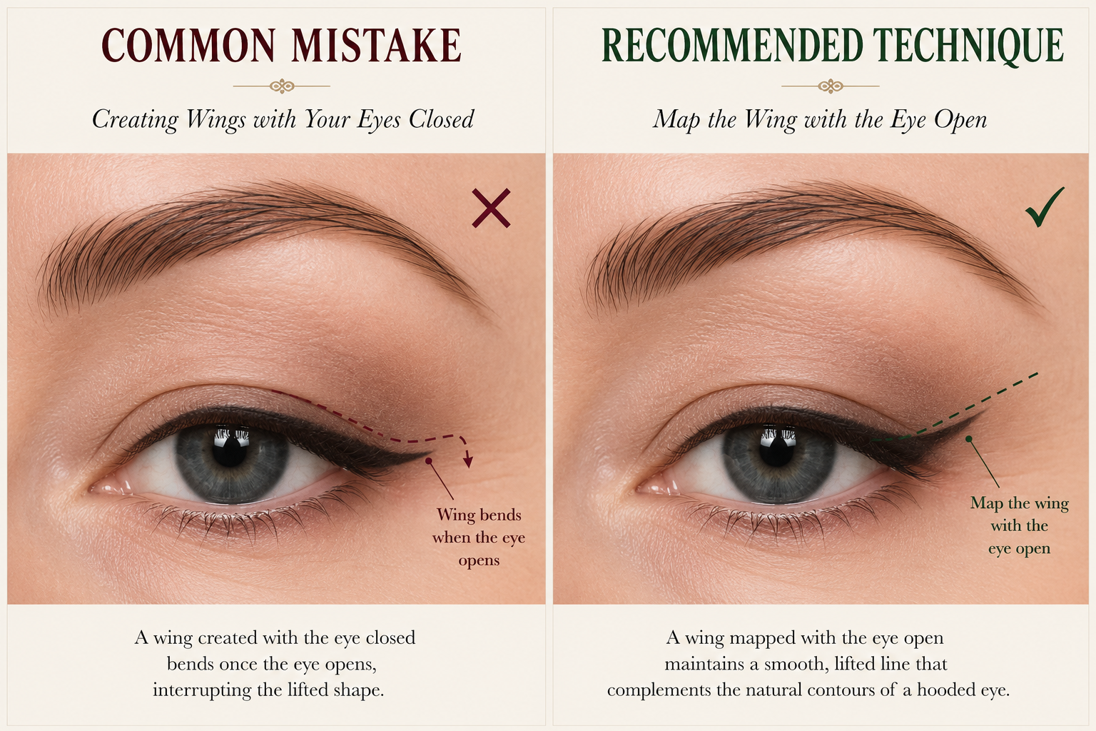 Learn why winged eyeliner bends on hooded eyes when drawn with the eye closed. Compare closed-eye mapping with open-eye mapping for a smooth, naturally lifted wing.
